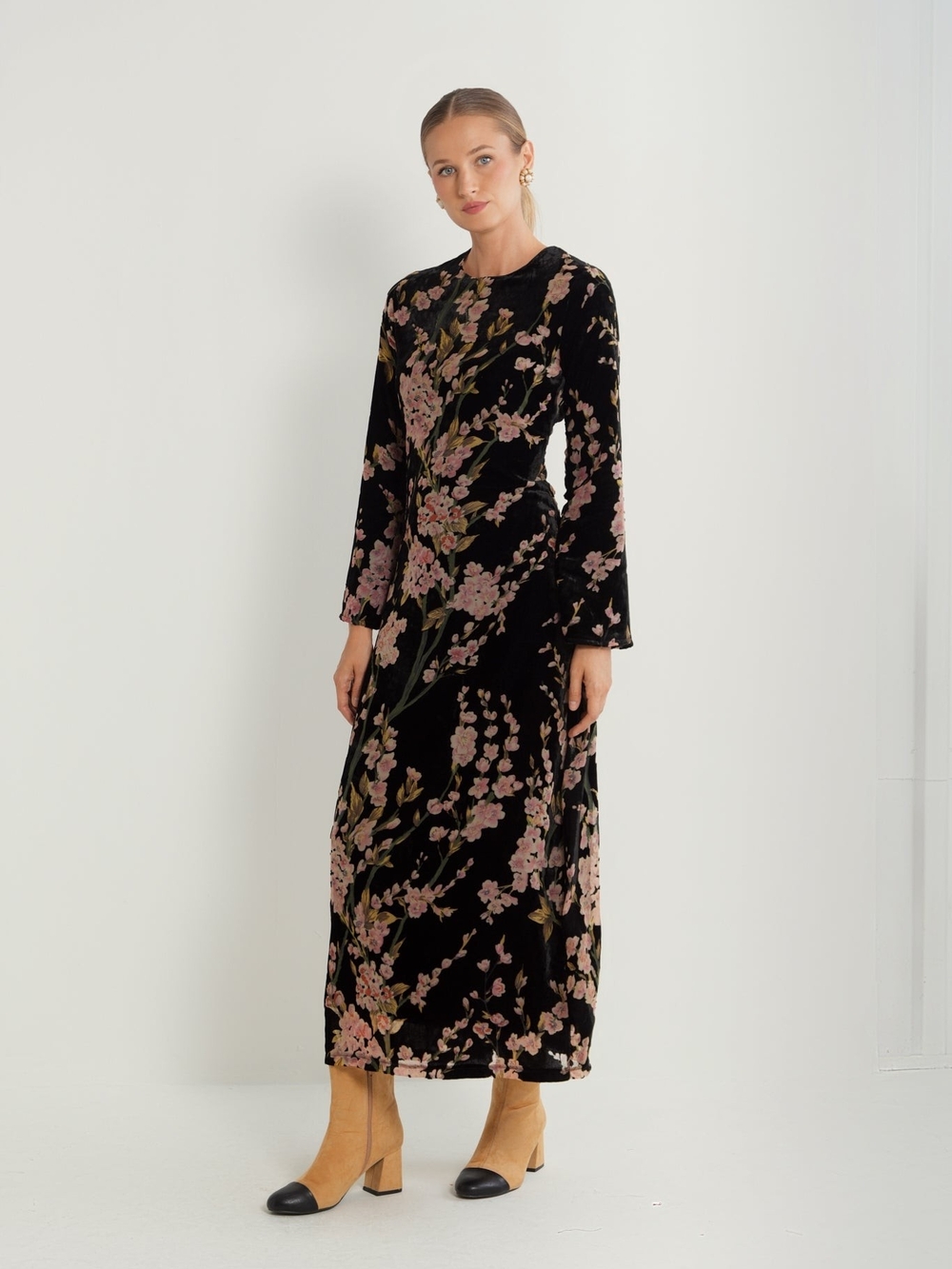 Ted Baker London Black Velvet Maxi Dress with Pink Floral Print